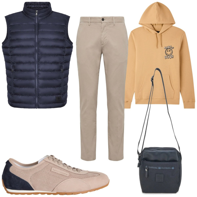 Outfit uomo - Total look #2468353. Stile Casual per Tutti i giorni. Abbinamento con sneakers, pantaloni, felpe con cappuccio, piumini, portafogli.