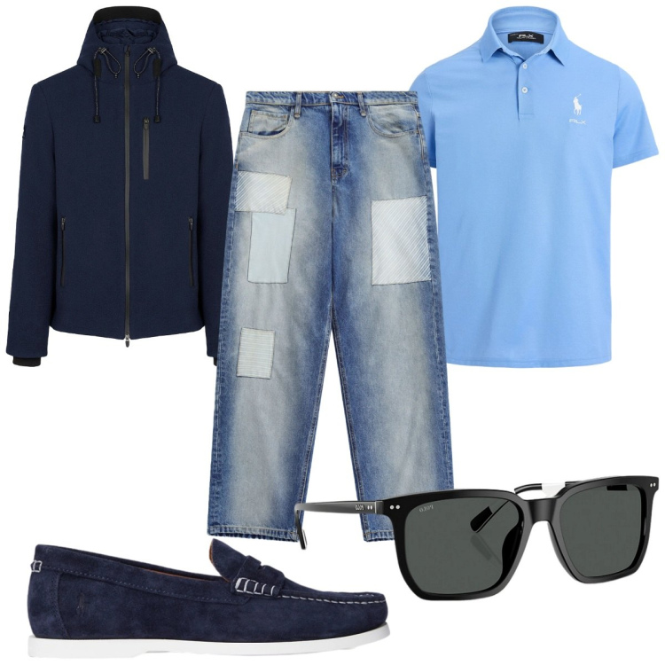 Outfit uomo - Total look #2468358. Stile Casual per Tutti i giorni. Abbinamento con jeans, giacche, occhiali da sole, scarpe stringate, polo.