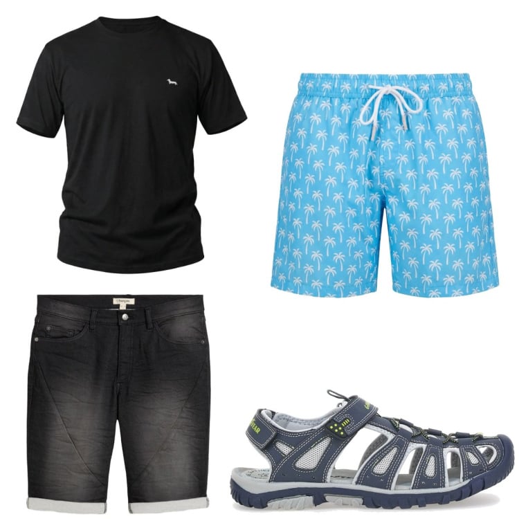 Outfit uomo - Total look #2468373. Stile Trendy per Mare. Abbinamento con bermuda, t-shirt, costumi, sandali.