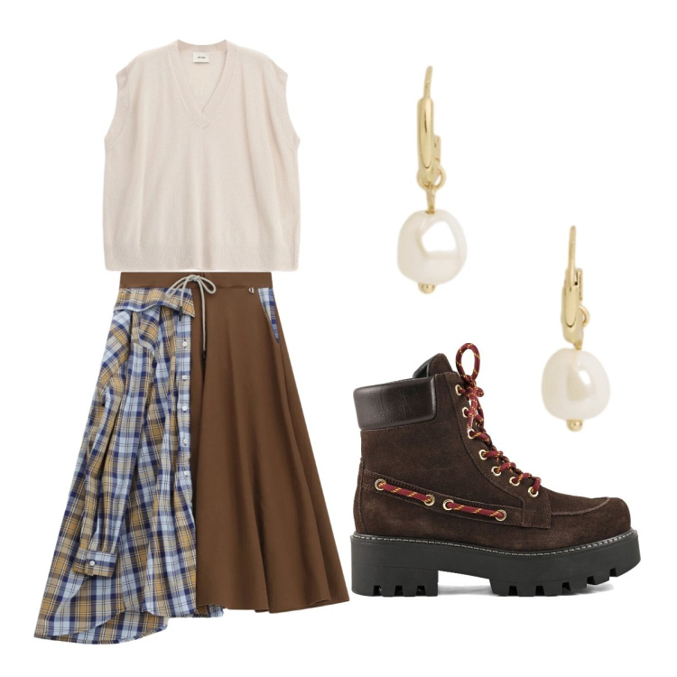 Outfit donna - Trama a quadri. Stile Trendy per Tutti i giorni. Abbinamento con gonne longuette, maglieria, orecchini, stivali.