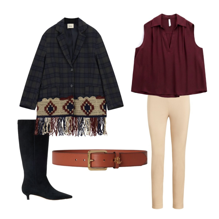 Outfit donna - Colori caldi della natura. Stile Urban per Serata fuori. Abbinamento con camicie a manica corta, blazer, pantaloni skinny, cinture, stivali.