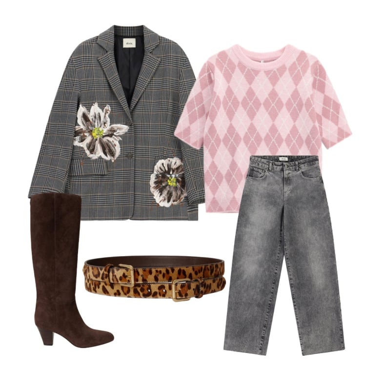 Outfit donna - Tartan & Fall Colors. Stile Casual chic per Scuola/Università. Abbinamento con maglieria, blazer, jeans, stivali, cinture.