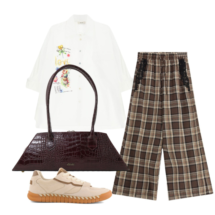 Outfit donna - Settembre. Stile Casual chic per Tutti i giorni. Abbinamento con camicie, borse a spalla, pantaloni a palazzo, sneakers.