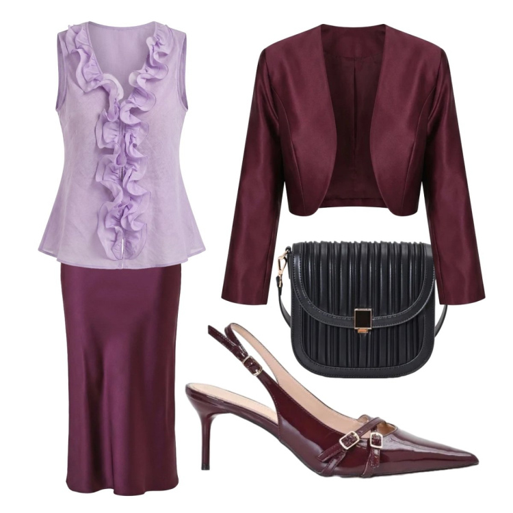 Outfit donna - Camicia volant Rinascimento. Stile Chic per Cerimonia. Abbinamento con camicie a manica corta, blazer, borse a tracolla, décolleté, gonne longuette.
