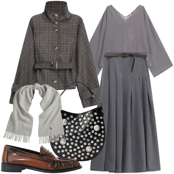 Outfit donna - Tartan & Fall Colors. Stile Trendy per Tutti i giorni. Abbinamento con mocassini, t-shirt, cappotti, gonne lunghe, sciarpe, borse a mano.