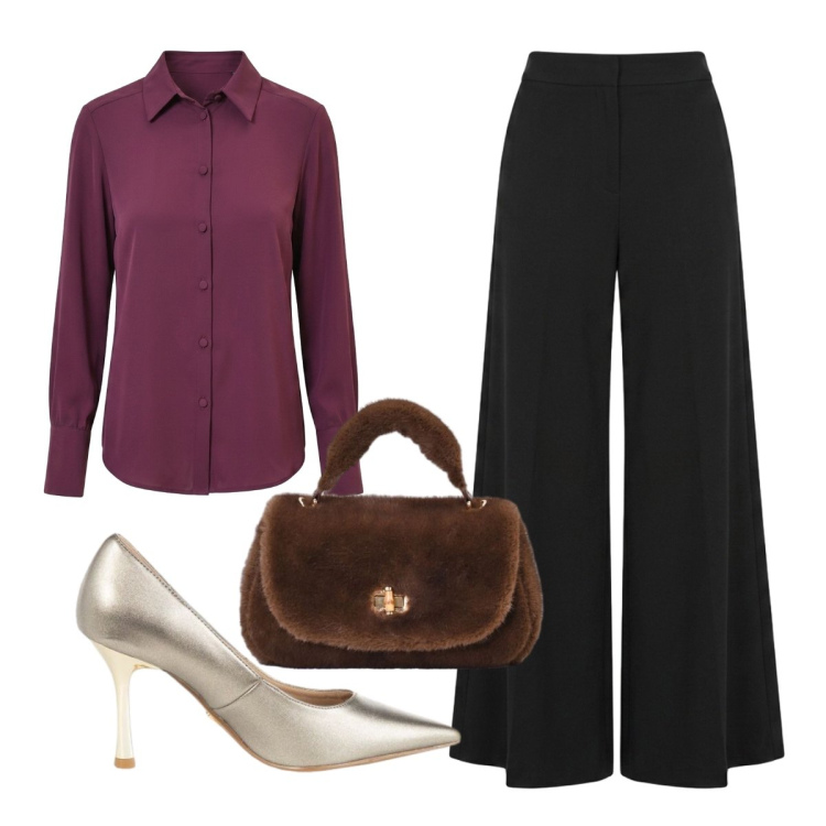 Outfit donna - Camicia in raso Rinascimento. Stile Casual chic per Ufficio. Abbinamento con camicie, borse a mano, décolleté, pantaloni.