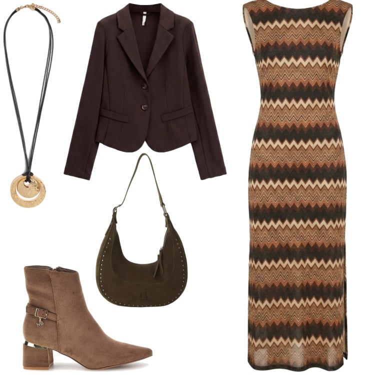 Outfit donna - Total look #2468386. Stile Boho per Tutti i giorni. Abbinamento con blazer, borse a spalla, ciondoli, vestiti lunghi, stivaletti.