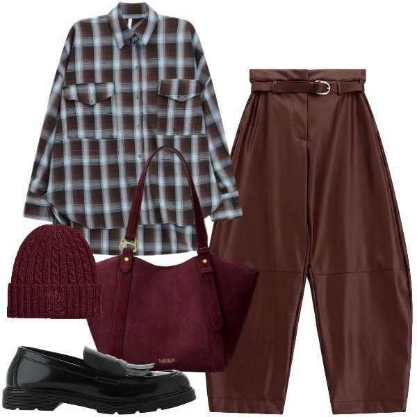 Outfit donna - Tartan & Fall Colors. Stile Urban per Tutti i giorni. Abbinamento con pantaloni, camicie, mocassini, borse tote, berretti.