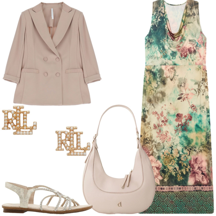Outfit donna - Total look #2468389. Stile Chic per Cerimonia. Abbinamento con sandali, blazer, borse a tracolla, vestiti lunghi, orecchini.