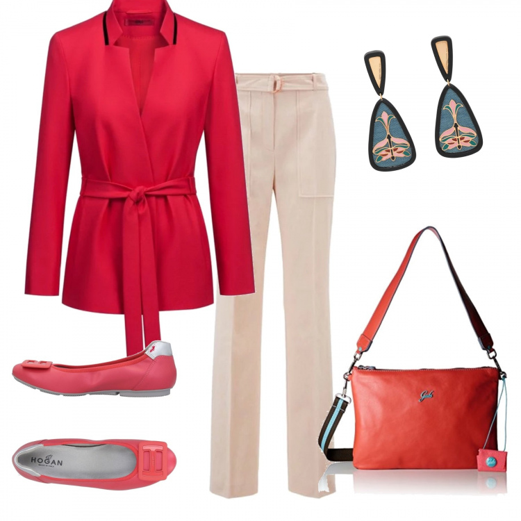 Outfit donna - Urban #2516. Stile Urban per Ufficio. Abbinamento con ballerine, orecchini con farfallina in seta oro e argento, giacca con cintura in cupro crêpe, pantalone con gancetto, borsa a tracolla rosso.
