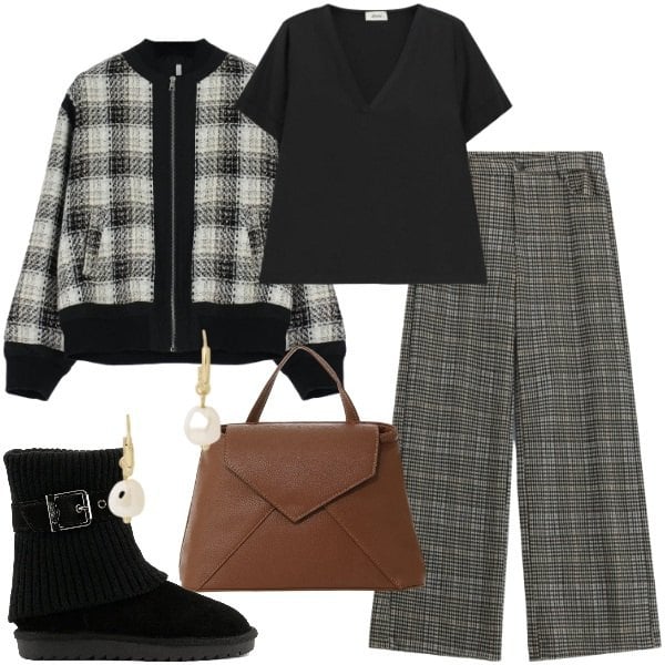 Outfit donna - Tartan & Fall Colors. Stile Urban per Tutti i giorni. Abbinamento con bomber, borse a mano, t-shirt, pantaloni, orecchini, stivaletti.