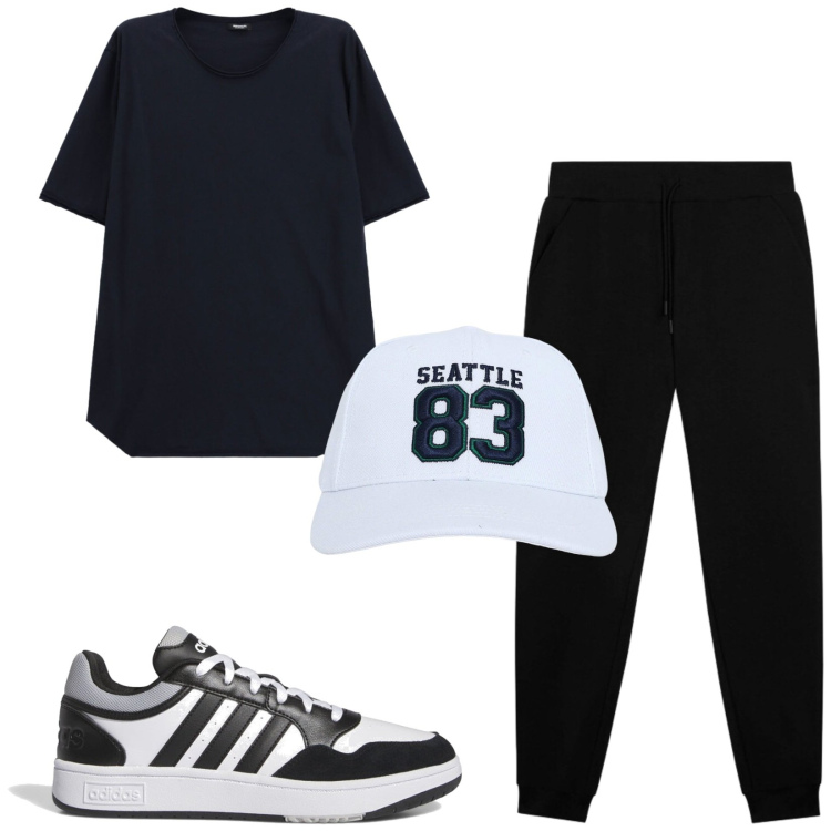 Outfit uomo - Total look #2468391. Stile Casual per Sport. Abbinamento con t-shirt, cappelli con visiera, pantaloni, sneakers.