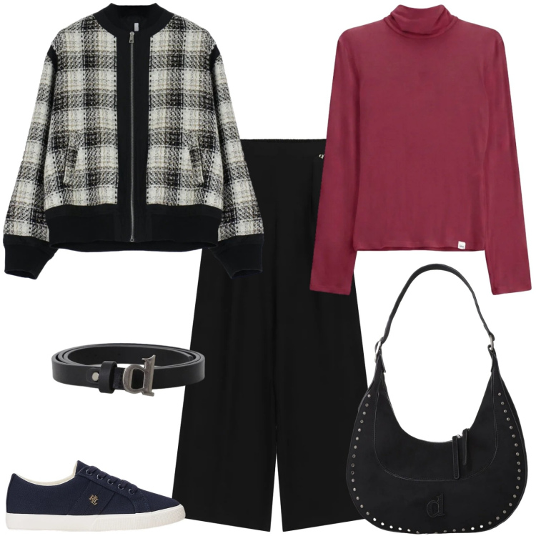 Outfit donna - Tartan & Fall Colors. Stile Casual chic per Tutti i giorni. Abbinamento con t-shirt, bomber, cinture, borse a spalla, pantaloni a palazzo, sneakers.
