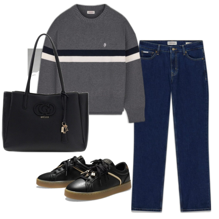 Outfit mujer - Mannish. Estilo Mannish para Todos los días. Combinación con bolso shopper, sneakers, vaqueros rectos, prendas de punto.