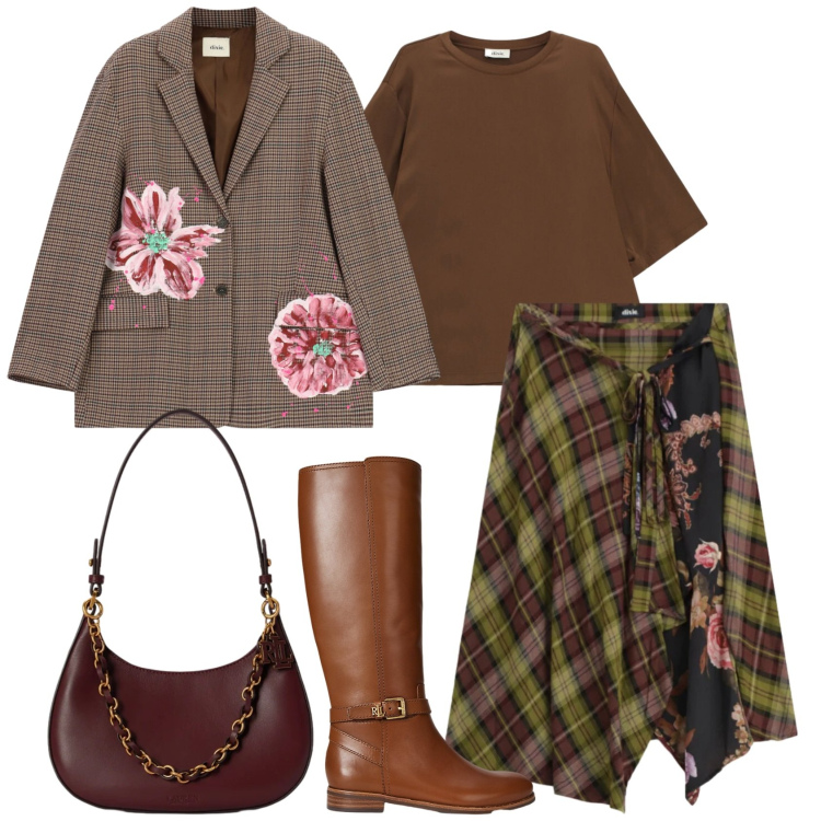 Outfit donna - Tartan & Fall Colors. Stile Casual chic per Tutti i giorni. Abbinamento con gonne longuette, t-shirt, blazer, stivali, borse a spalla.