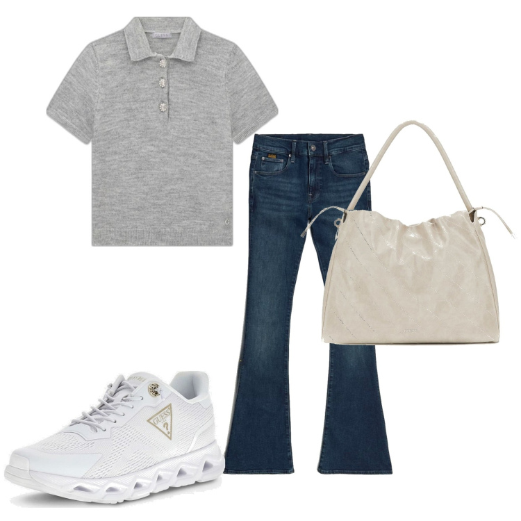 Outfit mujer - Mannish. Estilo Mannish para Todos los días. Combinación con sneakers, bolsos de mano, vaqueros, prendas de punto.