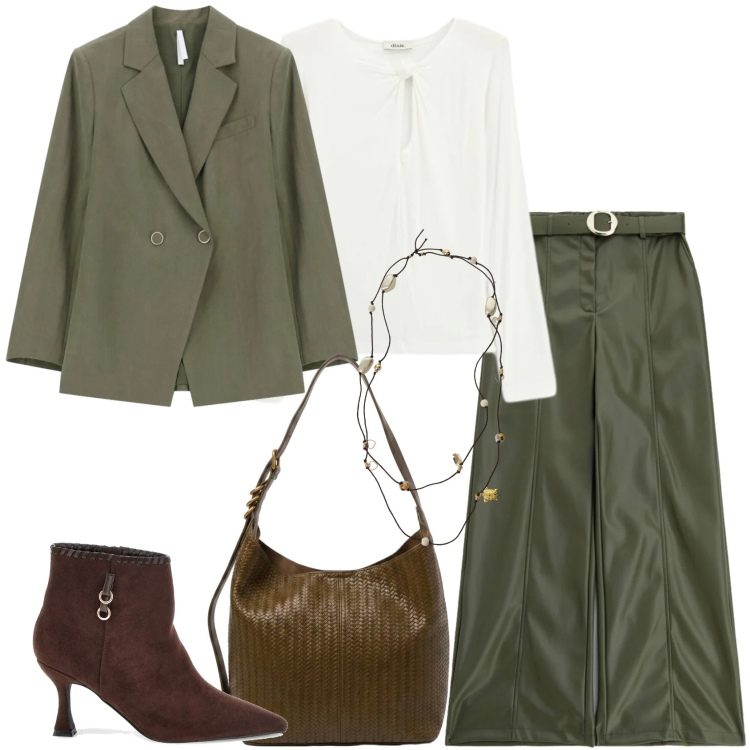 Outfit donna - Fall Collection. Stile Chic per Ufficio. Abbinamento con pantaloni, blazer, top, collane, borse a spalla, stivaletti.