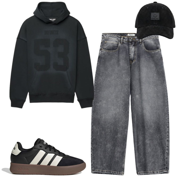 Outfit uomo - Settembre. Stile Casual per Tutti i giorni. Abbinamento con jeans, felpe con cappuccio, cappelli con visiera, sneakers.