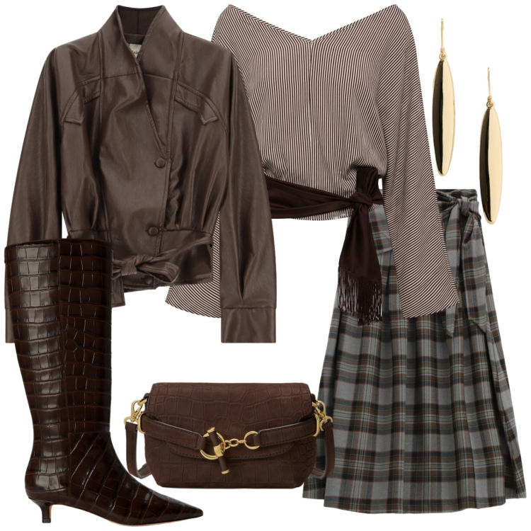 Outfit donna - Stilosa a quadretti. Stile Glamour per Tutti i giorni. Abbinamento con top, gonne longuette, giacche, orecchini, borse a spalla, stivali.