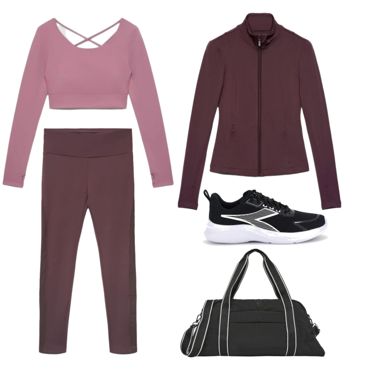 Outfit donna - In palestra. Stile Sporty chic per Sport. Abbinamento con t-shirt sportive, borse sportive, felpe sportive, leggings sportivo, sneakers.