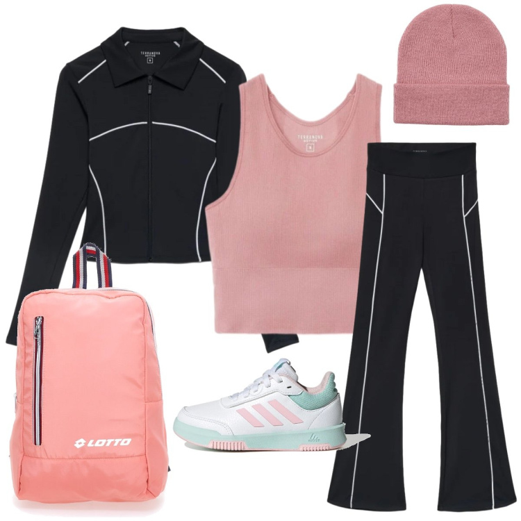 Outfit donna - Terranova per la palestra. Stile Casual chic per Sport. Abbinamento con berretti, top sportivi, leggings sportivo, felpe sportive, sneakers, zaini.
