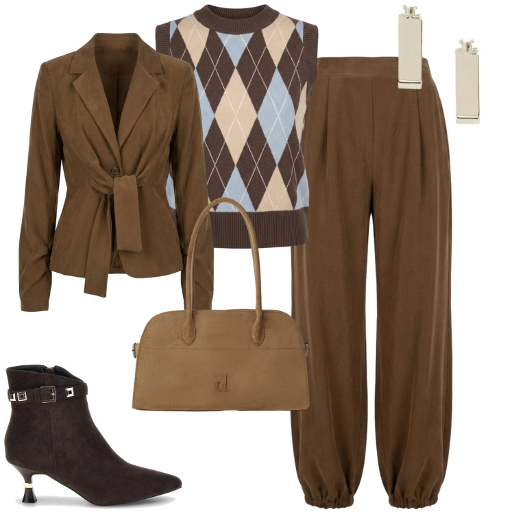 Outfit donna - Nuna Lie. Stile Casual chic per Tutti i giorni. Abbinamento con borse a spalla, pantaloni a palazzo, blazer, maglieria, orecchini, stivaletti.