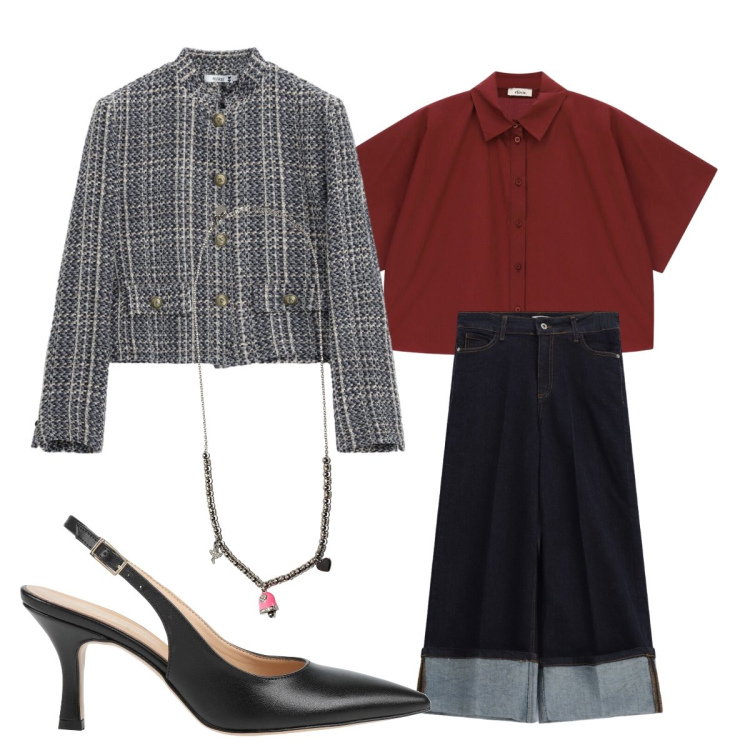 Outfit donna - Ufficio settembre. Stile Casual chic per Ufficio. Abbinamento con décolleté, camicie a manica corta, jeans, cappotti, ciondoli.