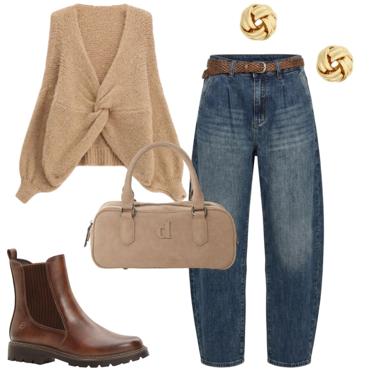 Outfit donna - City. Stile Casual chic per Tutti i giorni. Abbinamento con stivaletti, borse a mano, cardigans, jeans, orecchini.