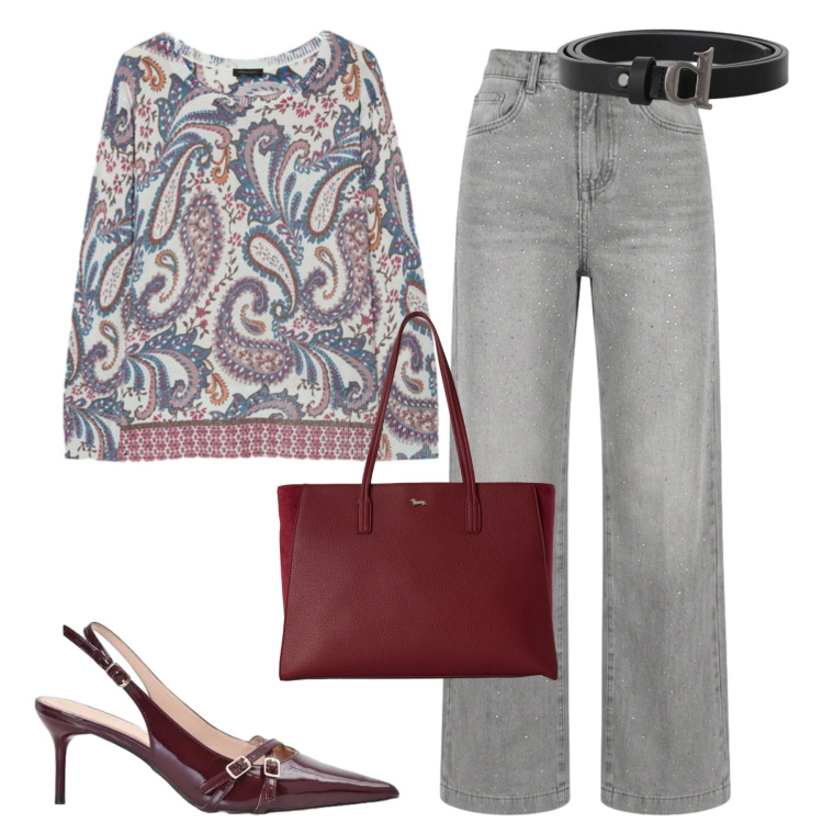 Outfit donna - City. Stile Casual chic per Tutti i giorni. Abbinamento con shopping bag, cinture, décolleté, maglieria, jeans.