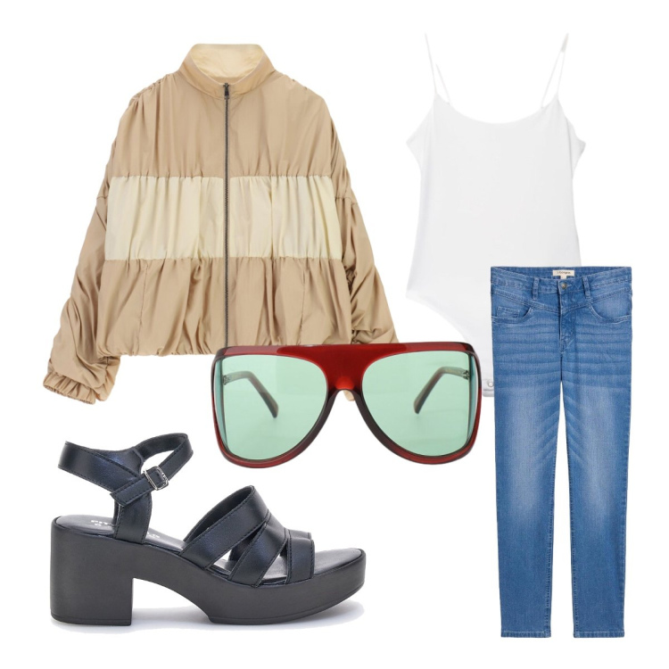 Outfit donna - Oggi mi vesto così. Stile Basic per Tutti i giorni. Abbinamento con jeans skinny, occhiali da sole, bomber, top, sandali col tacco.