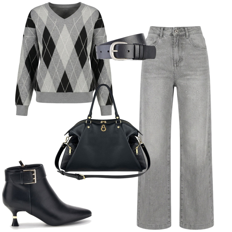 Outfit donna - Grey. Stile Casual chic per Tutti i giorni. Abbinamento con cinture, shopping bag, maglieria, jeans, stivaletti.