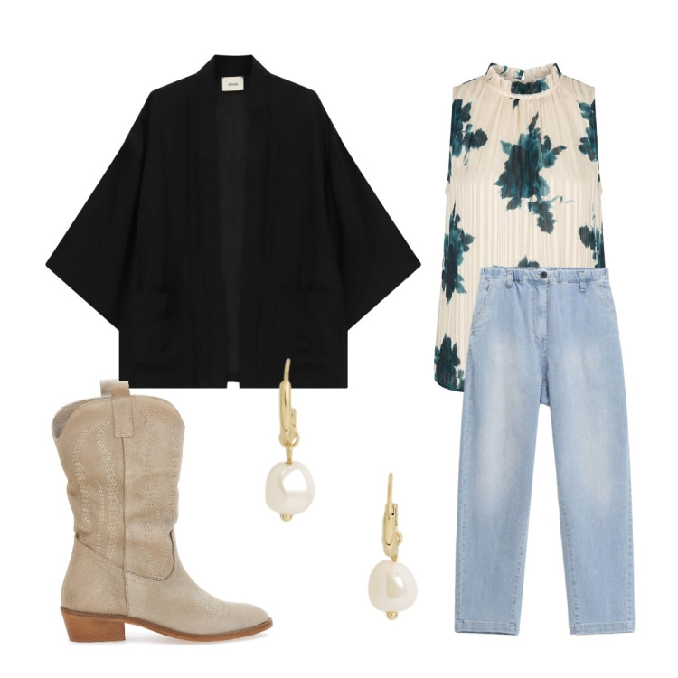 Outfit donna - Fiori fiori. Stile Trendy per Tutti i giorni. Abbinamento con blazer, jeans dritti, top, orecchini, stivaletti texani.