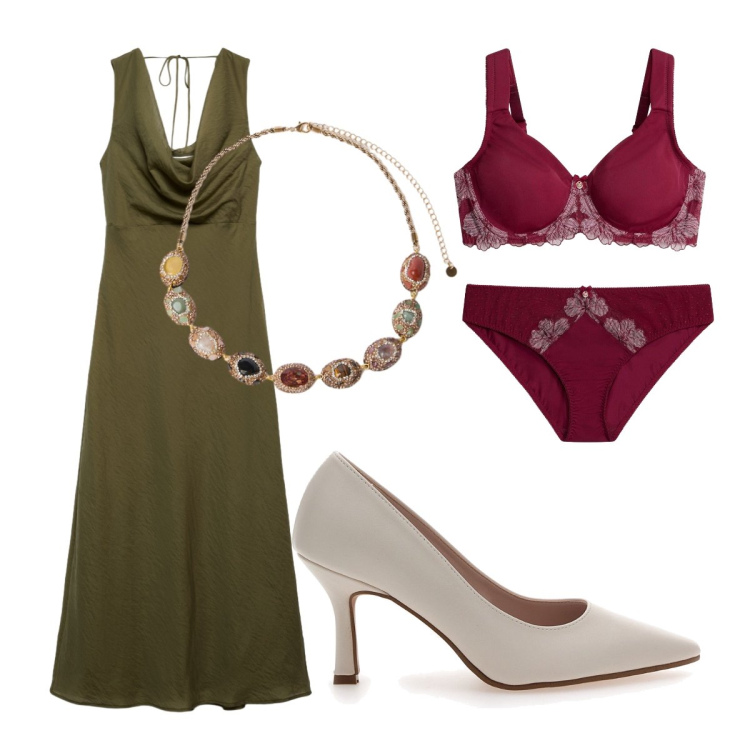 Outfit donna - Settembre. Stile Chic per Cerimonia. Abbinamento con reggiseni, culotte, vestiti lunghi, collane, décolleté.