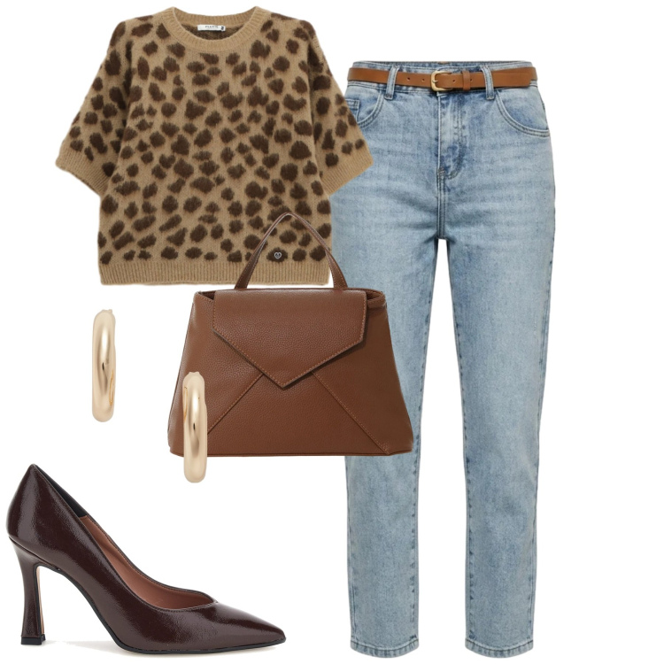 Outfit donna - City. Stile Casual chic per Tutti i giorni. Abbinamento con borse a mano, maglieria, jeans mom, orecchini, décolleté.