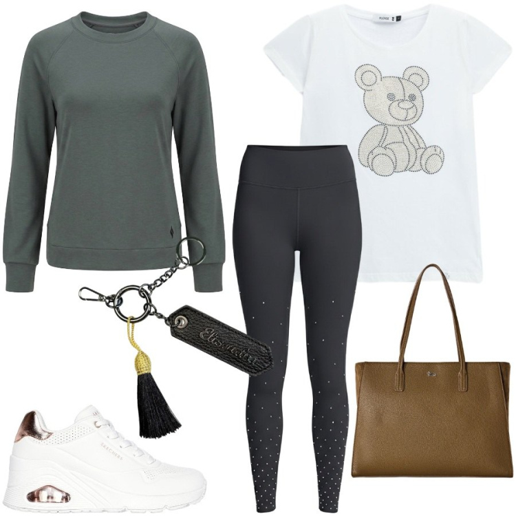 Outfit donna - Total look #2468446. Stile Sporty chic per Tutti i giorni. Abbinamento con shopping bag, t-shirt, portachiavi, sneakers alte, leggings, felpe.