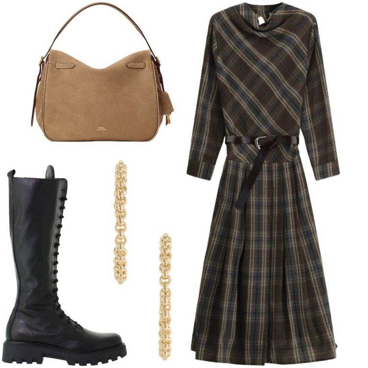 Outfit donna - Total look #2468448. Stile Casual chic per Tutti i giorni. Abbinamento con vestiti asimmetrici, stivali, borse a mano, orecchini.