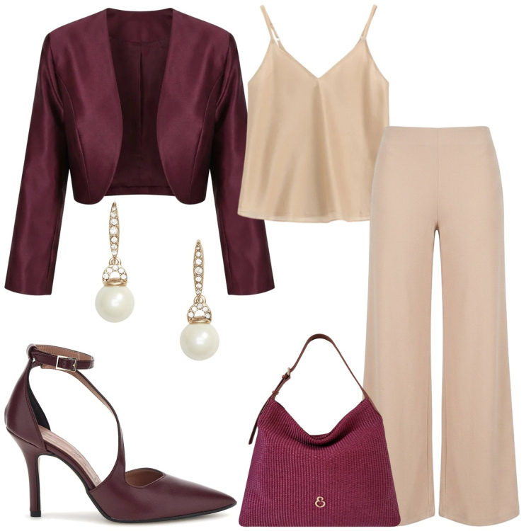 Outfit donna - Total look #2468451. Stile Chic per Cerimonia. Abbinamento con top, blazer, borse a spalla, pantaloni a palazzo, orecchini, décolleté.