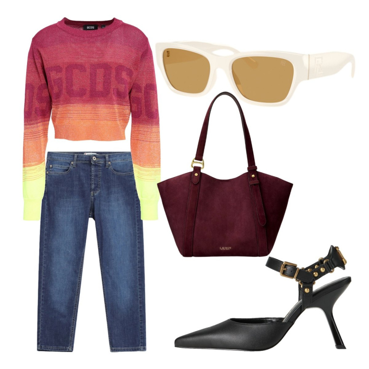 Outfit donna - Settembre. Stile Casual chic per Tutti i giorni. Abbinamento con pullovers, décolleté, jeans dritti, occhiali da sole, borse tote.