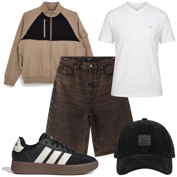 Outfit uomo - Total look #2468453. Stile Casual per Tutti i giorni. Abbinamento con t-shirt, bermuda, cappelli con visiera, sneakers, felpe.