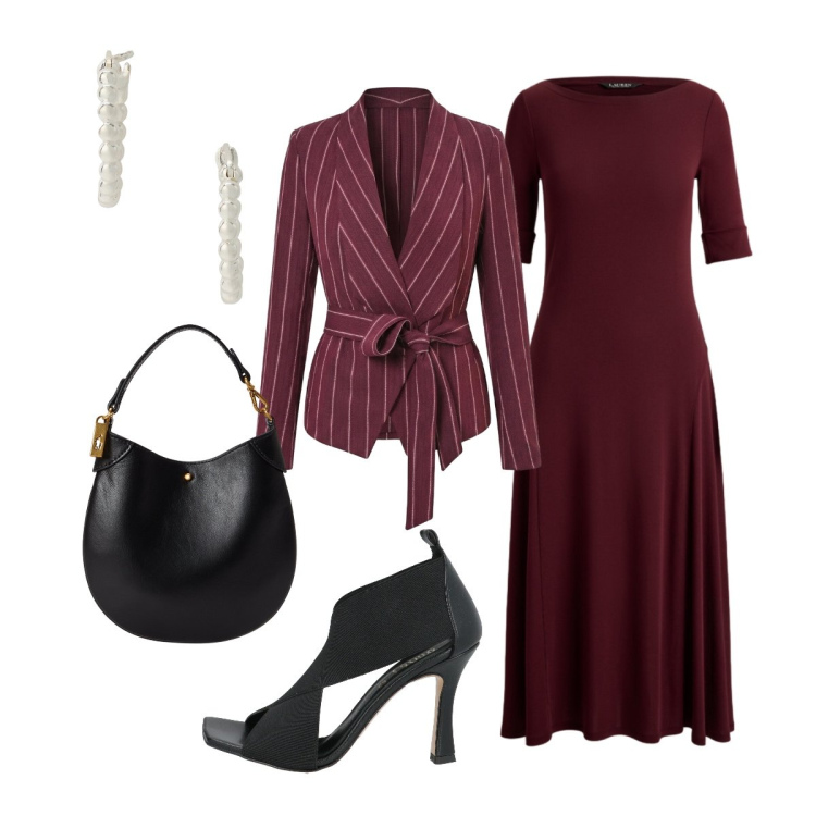 Outfit donna - Elegante per l’aperitivo. Stile Chic per Serata fuori. Abbinamento con sandali in pelle, blazer, vestiti midi/longuette, orecchini, pochette.