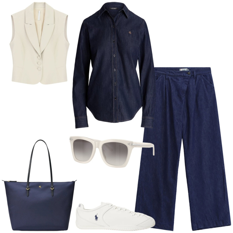 Outfit donna - Total look #2468461. Stile Casual per Tutti i giorni. Abbinamento con gilet, jeans, occhiali da sole, borse tote, camicie, sneakers.