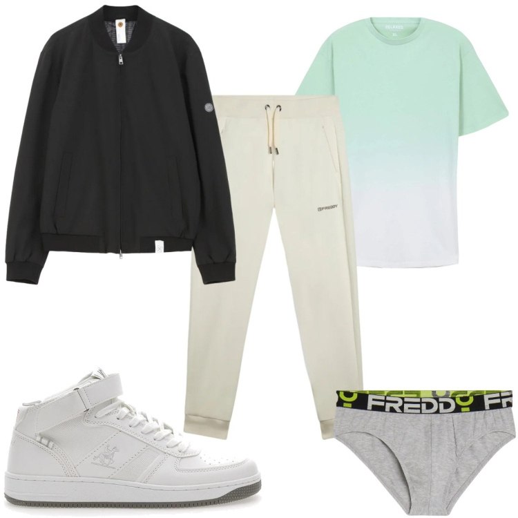 Outfit uomo - Total look #2468462. Stile Trendy per Sport. Abbinamento con bomber, t-shirt, pantaloni, slip, sneakers.