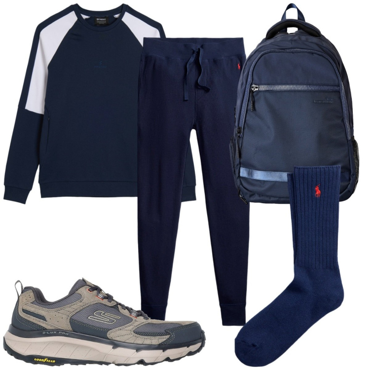 Outfit uomo - Total look #2468463. Stile Trendy per Sport. Abbinamento con borse sportive, felpe, pantaloni, calzini, sneakers.