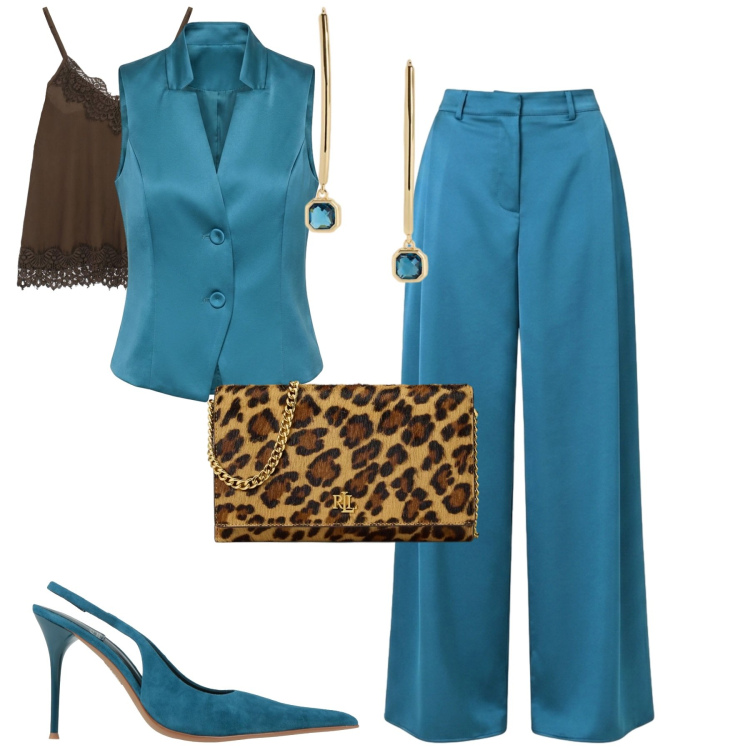 Outfit donna - Misterioso ottanio. Stile Chic per Cerimonia. Abbinamento con décolleté, top, gilet, pantaloni a palazzo, borse a tracolla, orecchini.