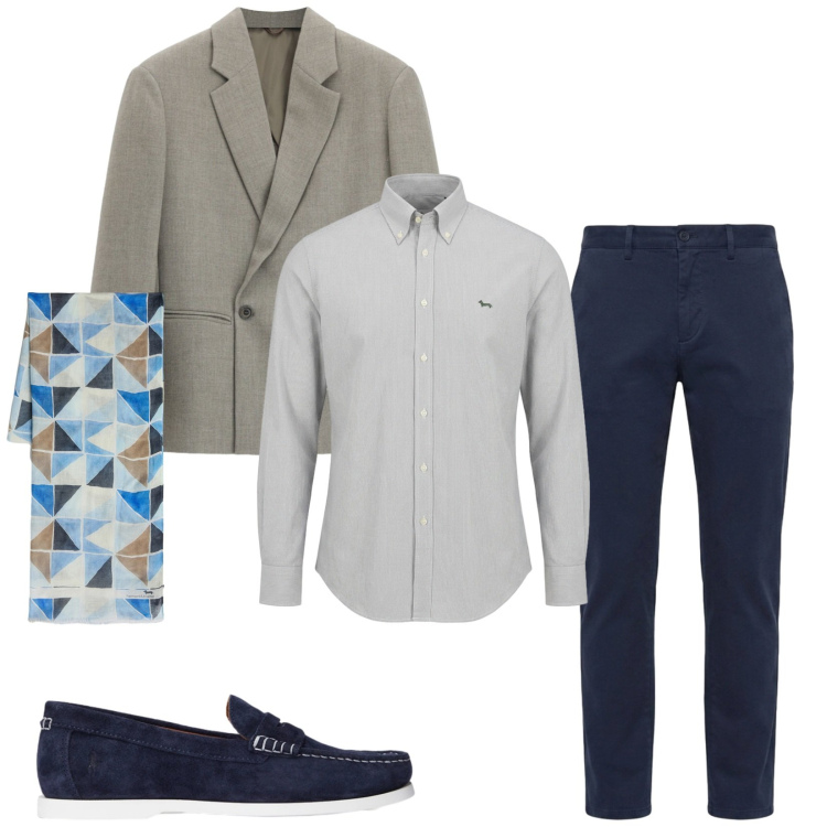 Outfit uomo - Total look #2468469. Stile Business/Elegante per Ufficio. Abbinamento con sciarpe, camicie, pantaloni, giacche, scarpe stringate.