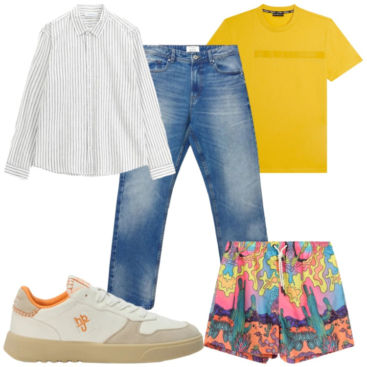 Outfit uomo - Total look #2468472. Stile Trendy per Mare. Abbinamento con sneakers, camicie, costumi, jeans dritti, t-shirt.