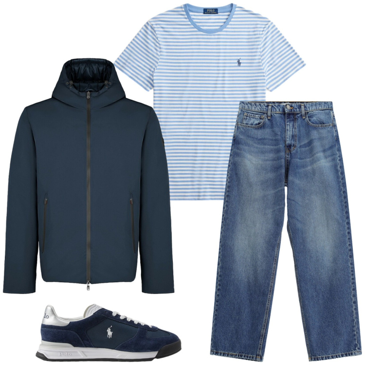 Outfit uomo - Total look #2468473. Stile Casual per Tutti i giorni. Abbinamento con jeans, parka, t-shirt, sneakers.