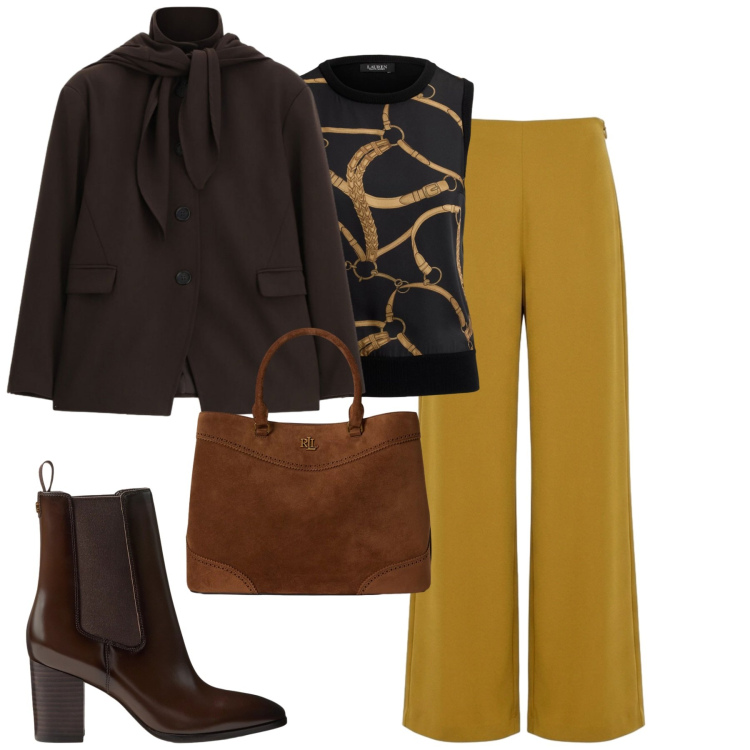 Outfit donna - City. Stile Urban per Tutti i giorni. Abbinamento con cappotti, pantaloni a palazzo, borse a mano, stivaletti, maglieria.