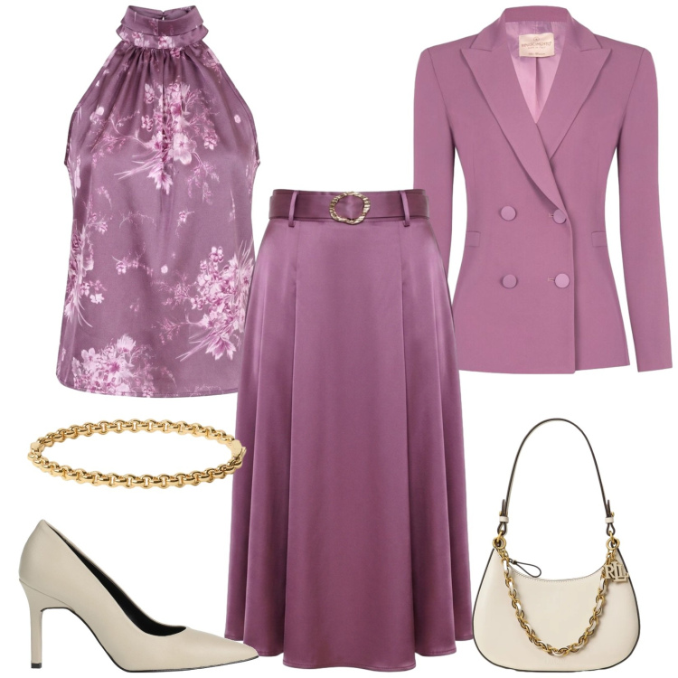 Outfit donna - Cerimonia a settembre. Stile Bon Ton per Cerimonia. Abbinamento con décolleté, gonne longuette, top, blazer, borse a spalla, braccialetti.