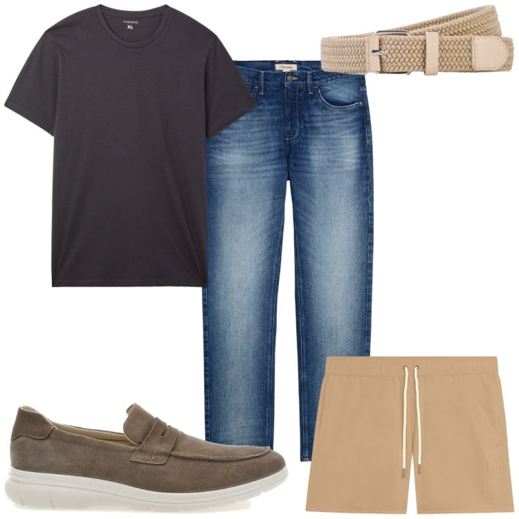 Outfit uomo - Total look #2468479. Stile Trendy per Mare. Abbinamento con jeans dritti, cinture, t-shirt, costumi, scarpe stringate.